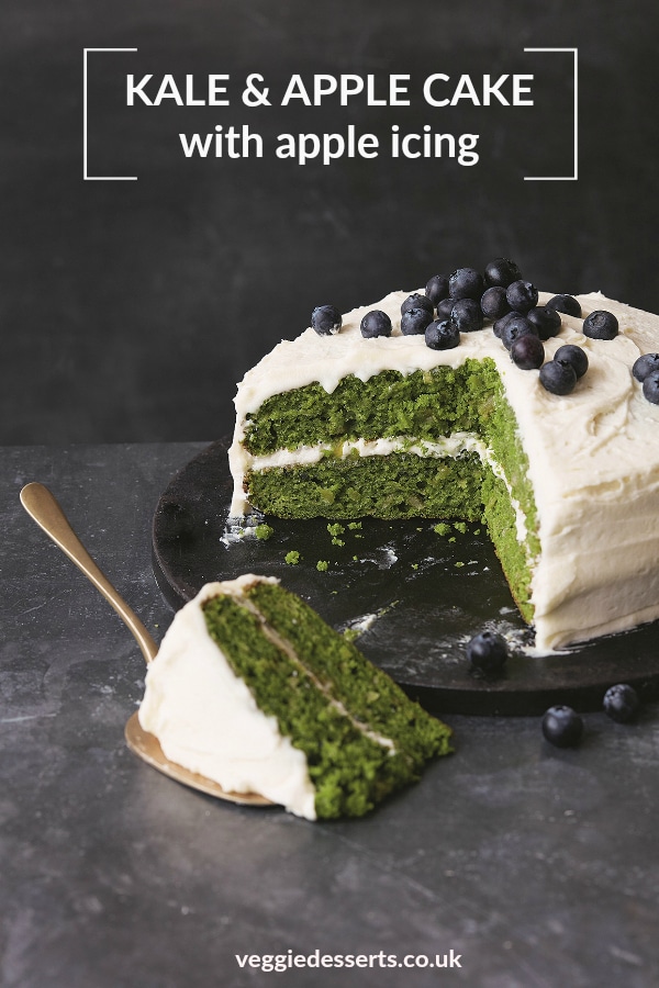 This bright green Apple Kale Cake is naturally coloured with pureed kale! It has a delicate apple-flavoured sponge, topped with a zesty apple icing. Although there is quite a bit of kale, the flavour doesn't overpower the other ingredients. Hundreds of readers have made it and loved it! #kalecake #vegetabledessert #vegetablecake #kale