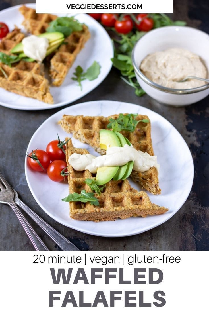 Plate with a falafel waffle with avocado and hummus, text ready 20 minutes, vegan, gluten free Waffled Falafels.