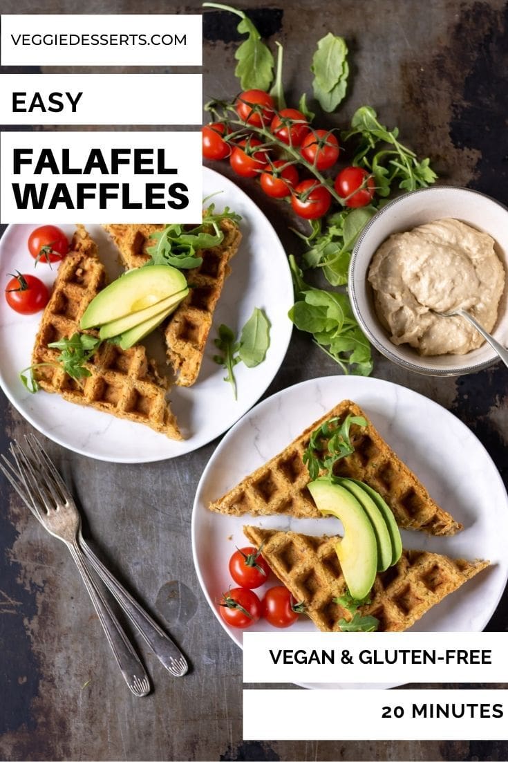 Plates of falafel waffles with salad, text reads: Easy Falafel Waffles.