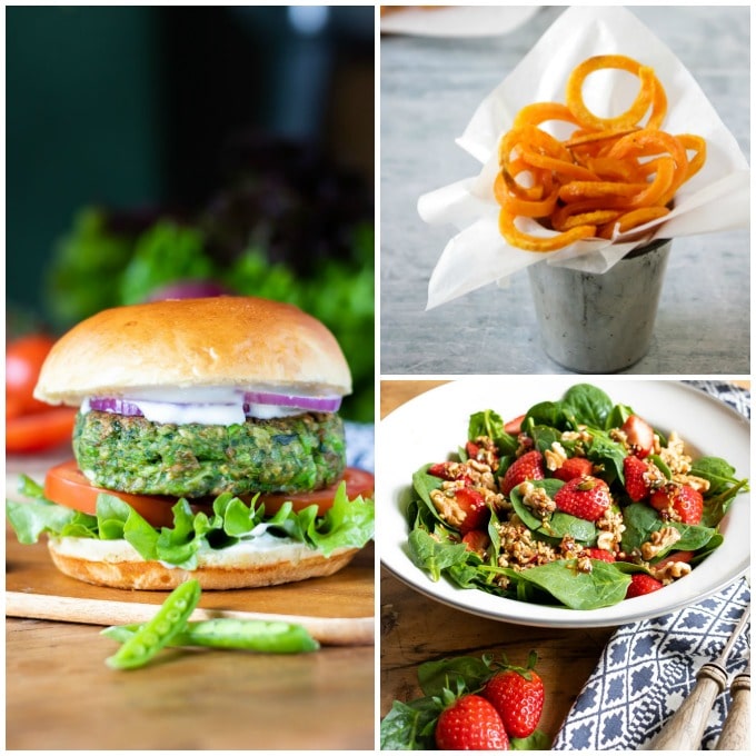 Make a meal out of spinach pea burgers - shown with sweet potato fries and spinach salad.