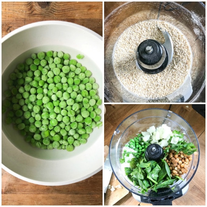 Collage: 1: bowl of peas, 2 oats in food processor, 3, other ingredients added.