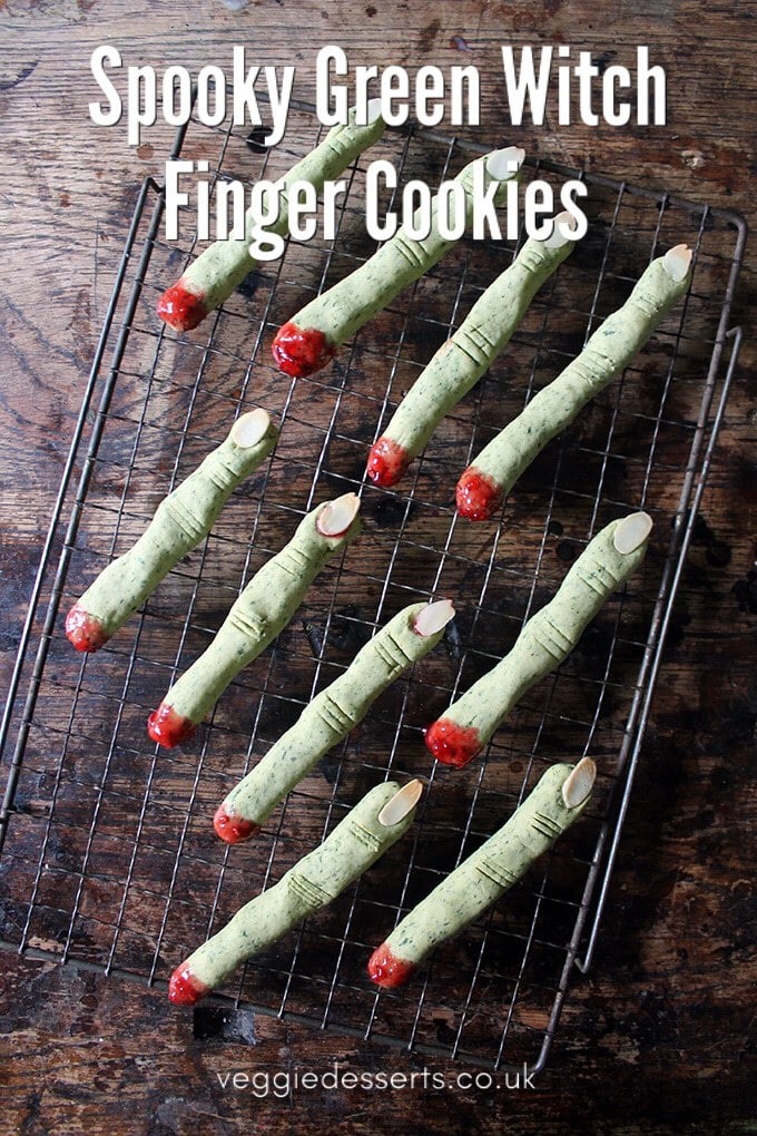Rows of Spooky green witch finger cookies with text on the picture - Witch Fingers
