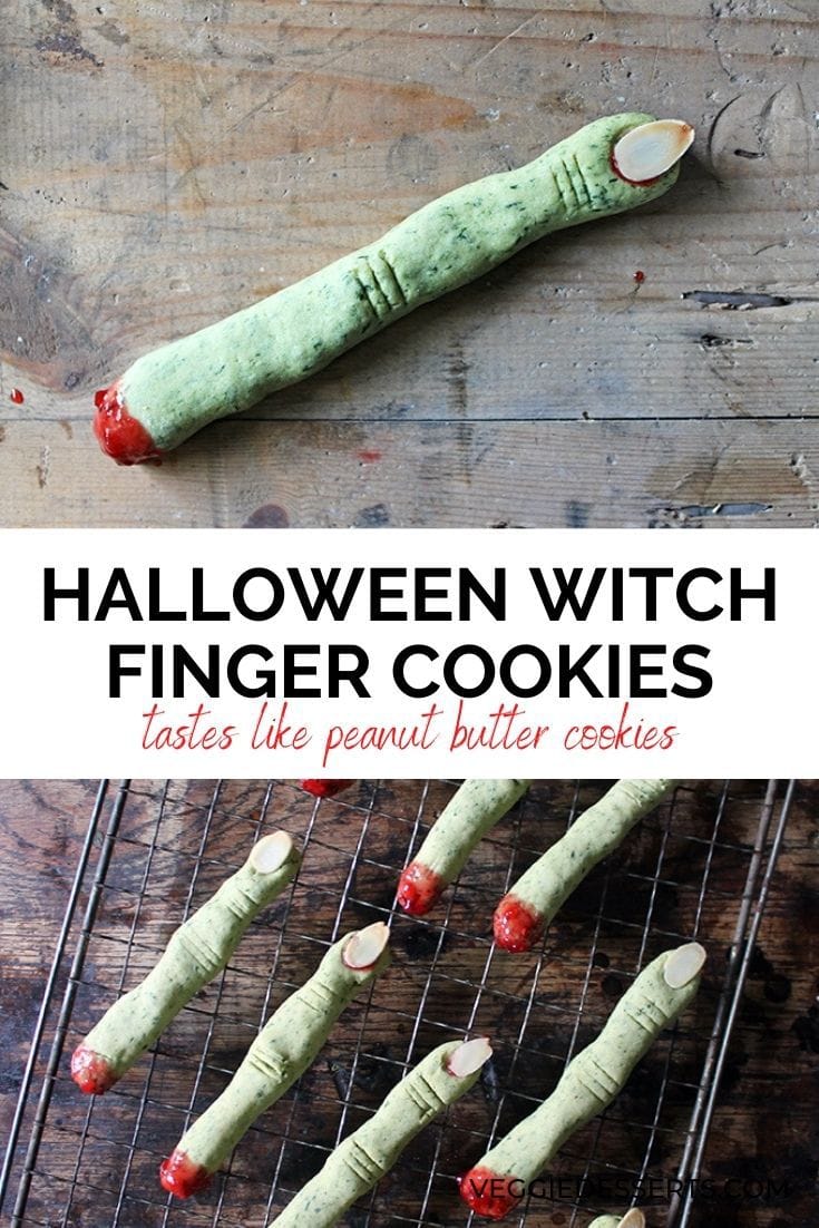 Green cookies shaped like fingers. Text overlay reads Halloween Witch Finger Cookies.