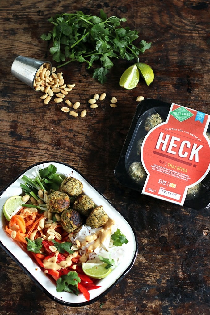 Vegan Noodle Bowl with Peanut Sauce topped with Heck Thai Bites