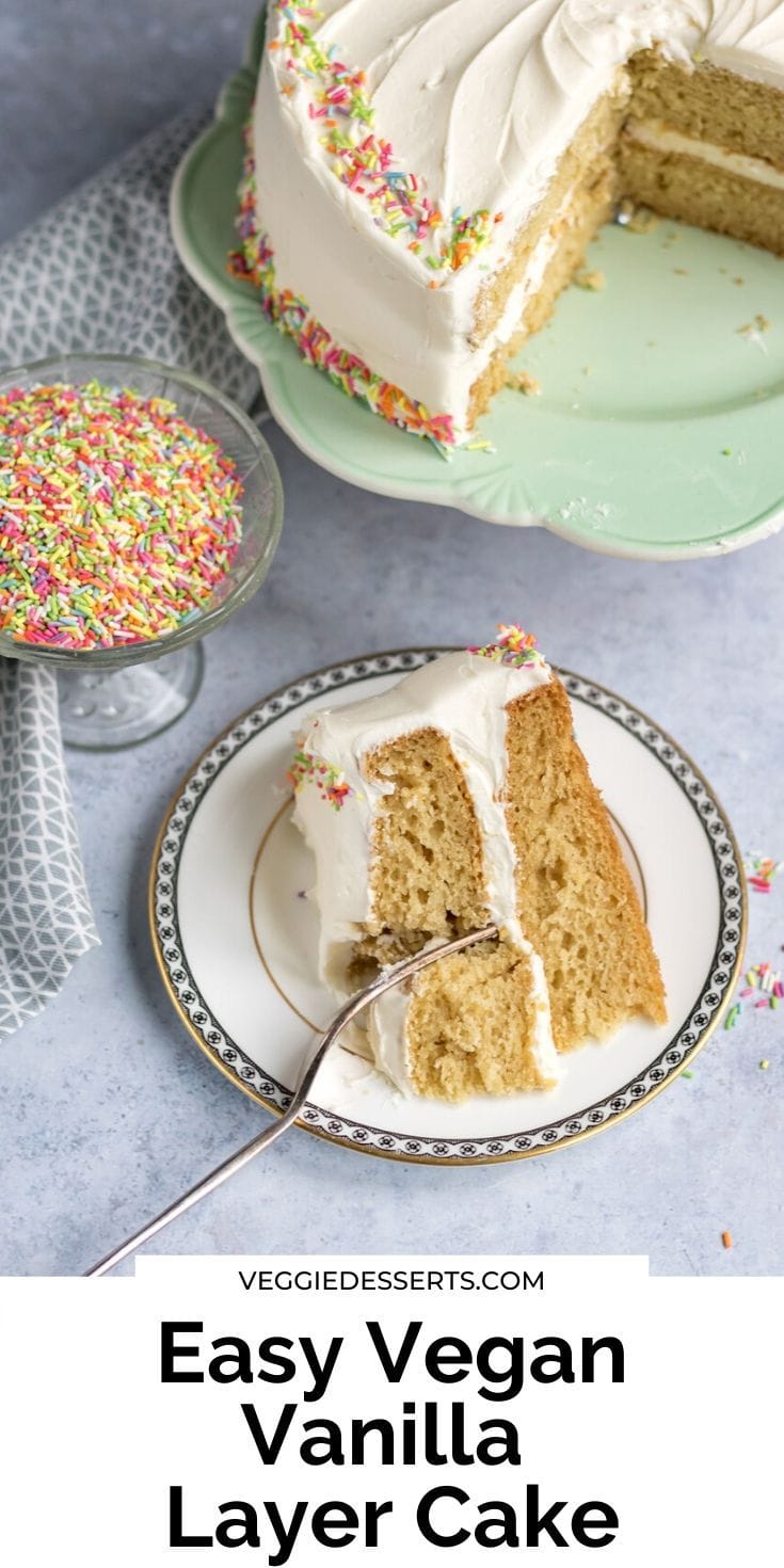 Slice of vegan cake on a plate, with text overlay