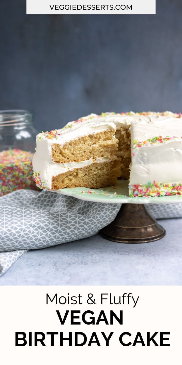 Cake on cake stand with text overlay