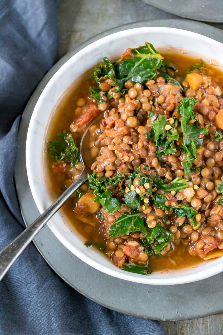 Close up overhead shot of a bowl of hearty Lentil Stew (vegan).