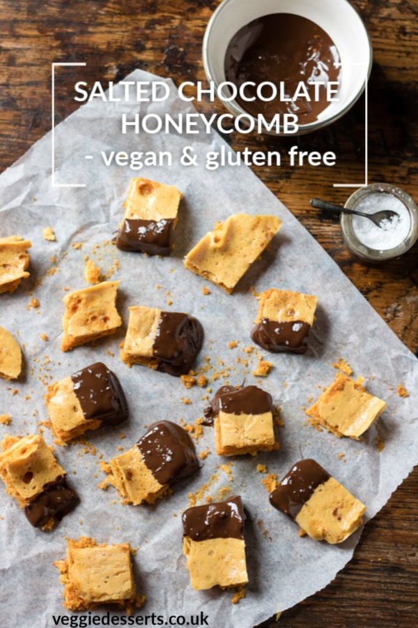 This salted chocolate honeycomb recipe is surprisingly easy to make and you only need four ingredients. It's also vegan and gluten free. It makes a fantastic homemade foodie Christmas gift. #christmas #glutenfreevegan #honeycomb #foodiegift #ediblegift