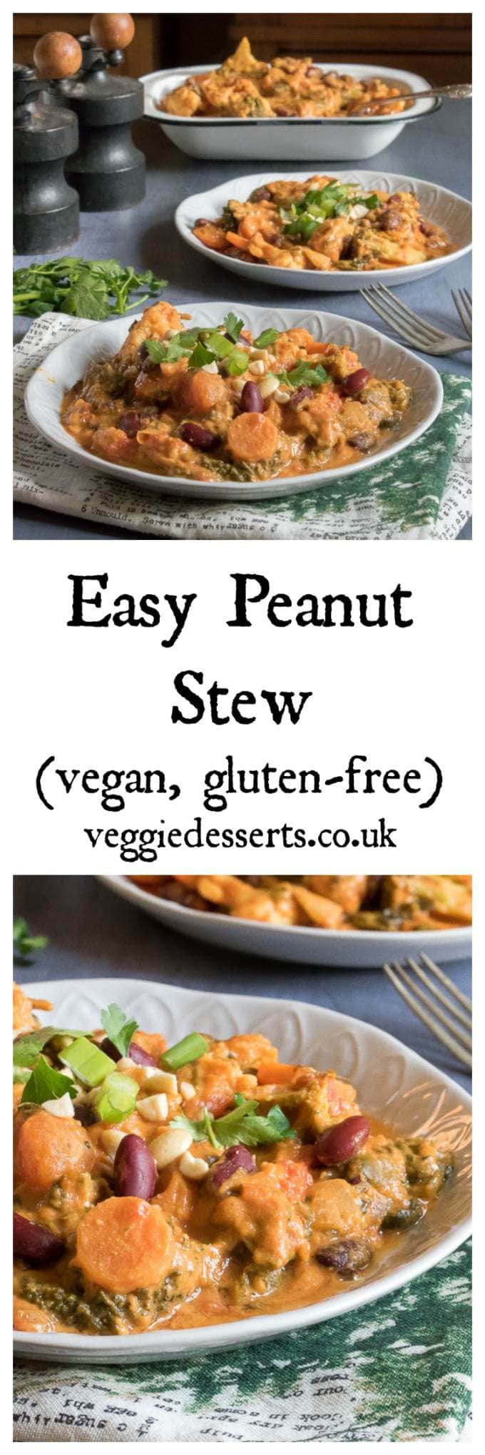 Collage of pictures of food with text: Easy Peanut Stew.