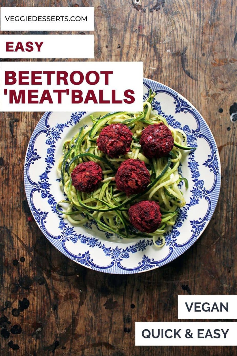 Plate of spiralized zucchini and beetroot balls with text: Beetroot Meatballs.