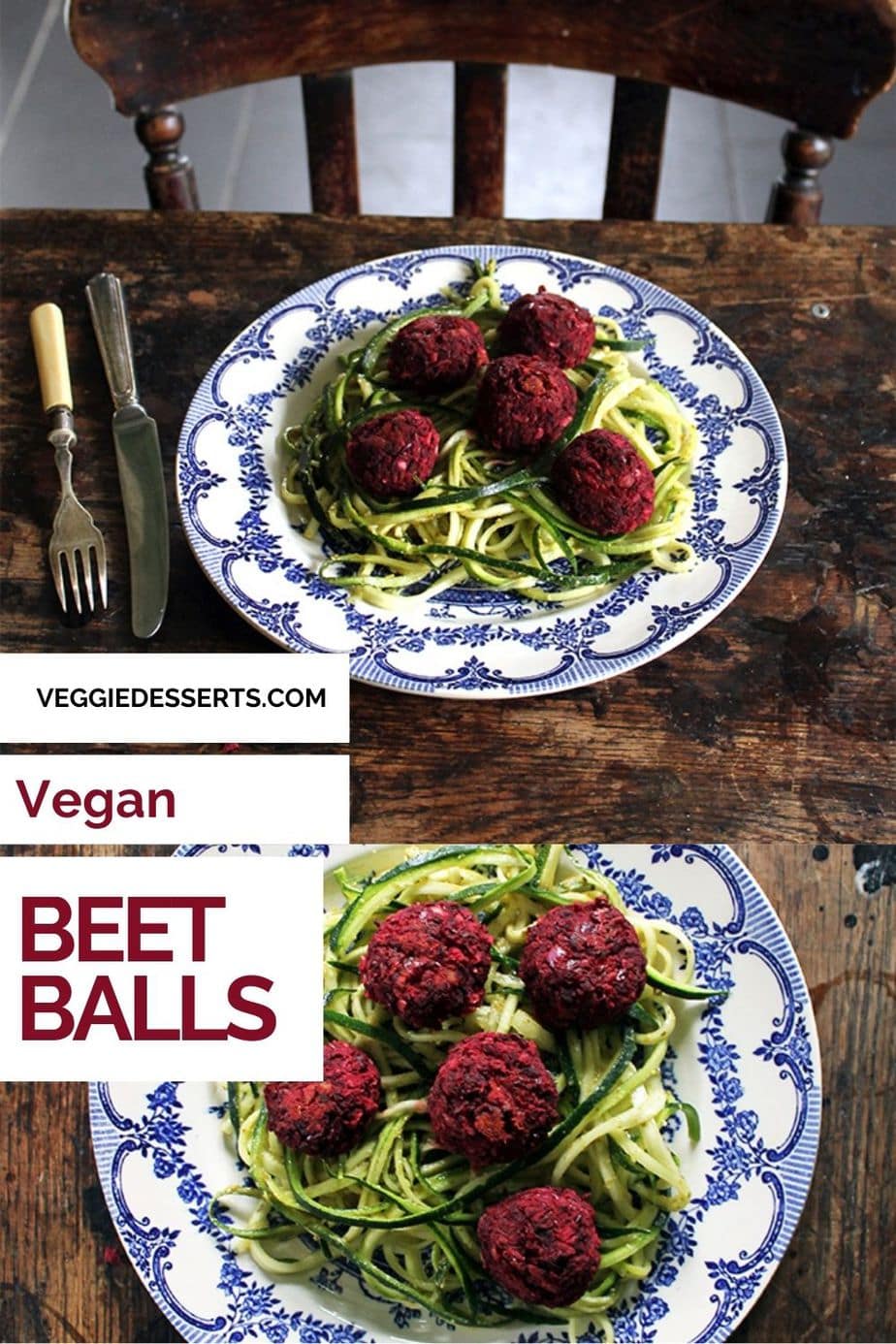Plates of dinner on a wooden table with text: Vegan Beet Balls.