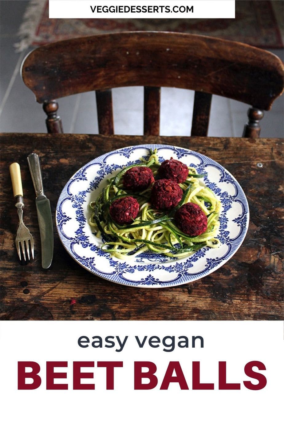 Table with plate of beetballs with text: Easy vegan beet balls.
