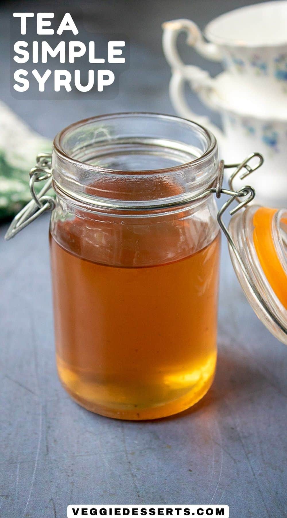 Jar of simple syrup, with text: Tea Simple Syrup.