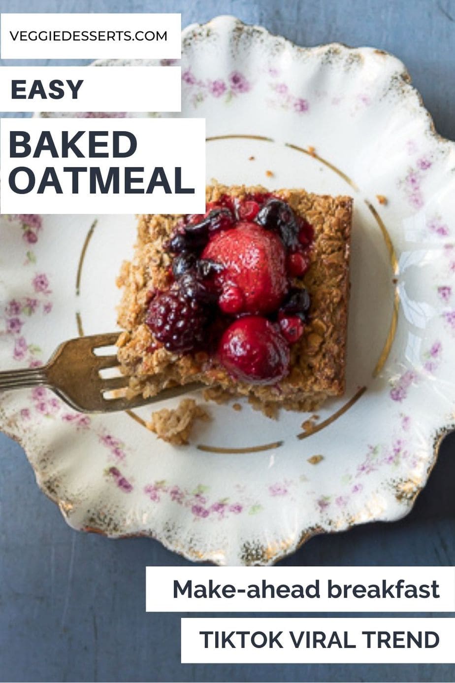 Slice of oats with text: Easy Baked Oatmeal.