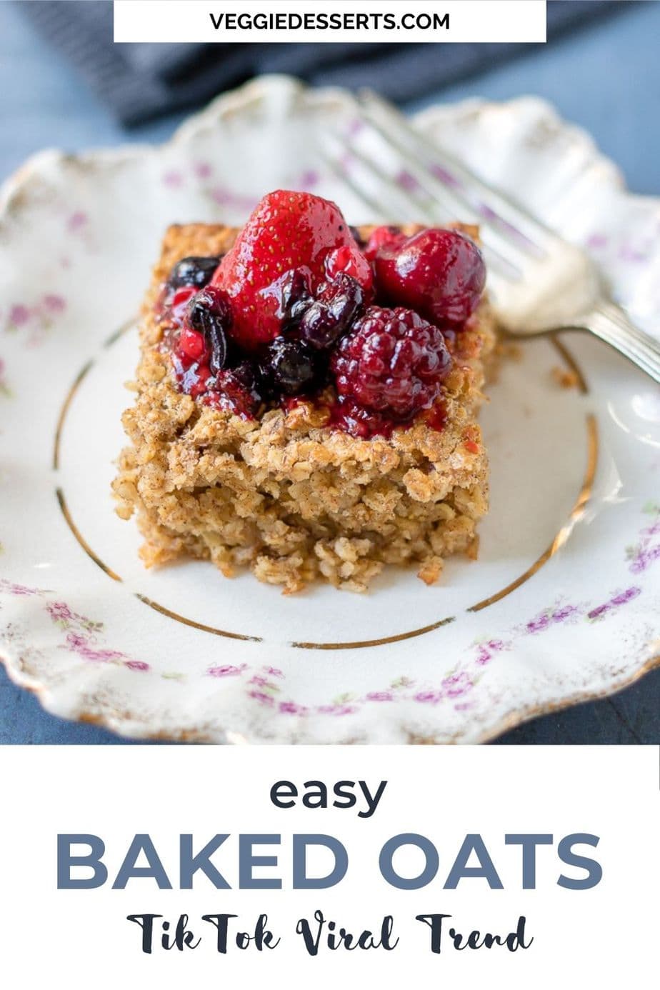 Piece of baked oats with text: Easy Bake Oats Tiktok viral trend.