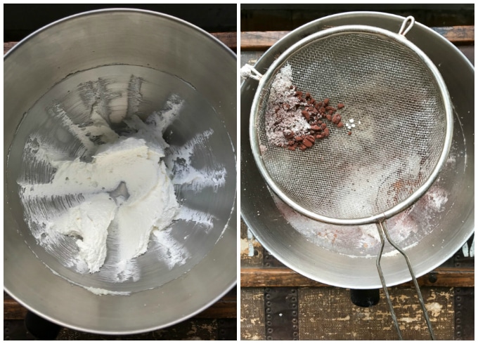 How to make baked chocolate vegan donuts: Step 1 - beat the dairy free butter and sugar; step 2: add the dry ingredients
