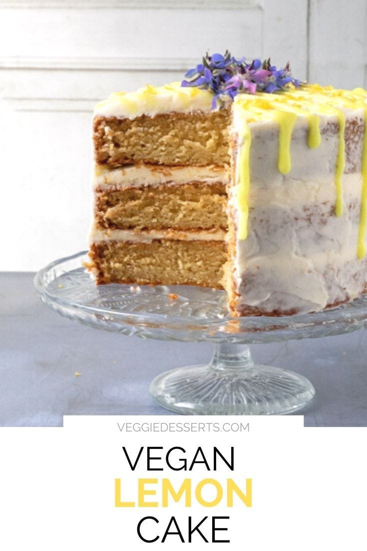 Cake on a stand with text overlay for Pinterest.