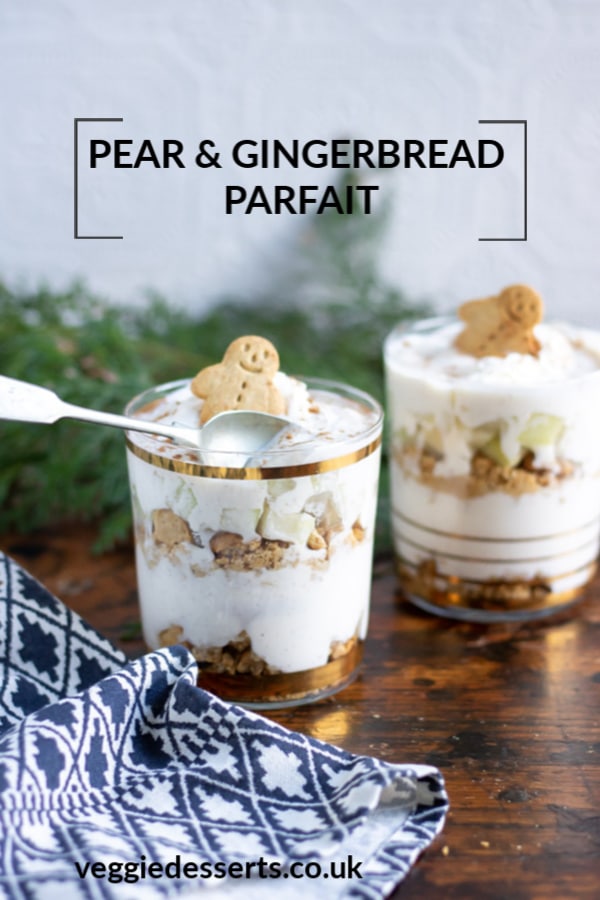 This Pear and Gingerbread Parfait is a quick and easy no bake Christmas treat. The warming spices in the thick yogurt contrast beautifully with the crushed gingerbread cookies. Chopped juicy pear adds a fragrant tasty extra flavour.&nbsp;