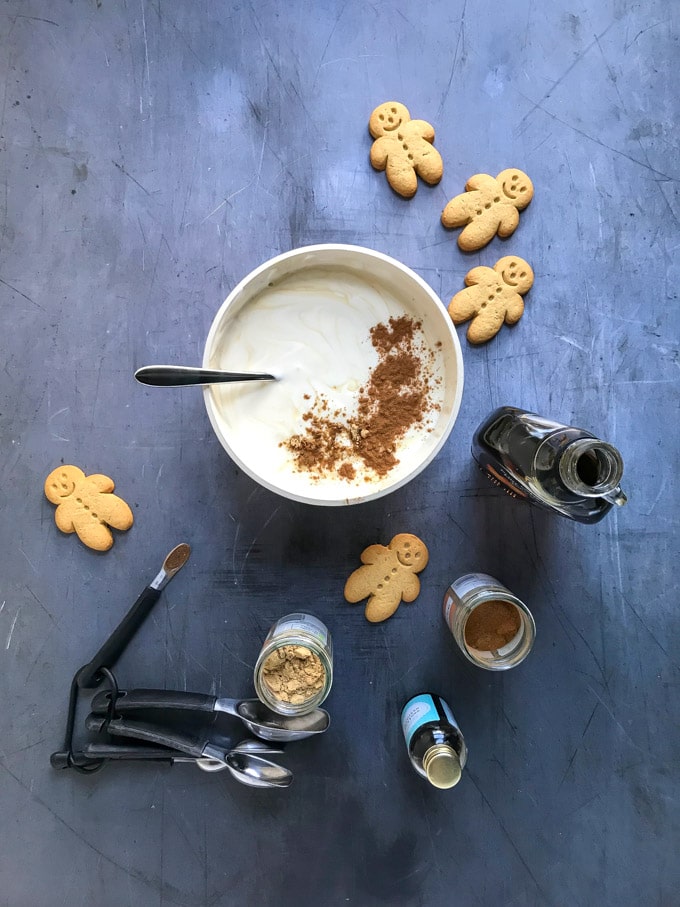 How to make Pear Gingerbread Parfait - Step 1: Mix the yogurt, spices, vanilla and maple syrup to make gingerbread yogurt.