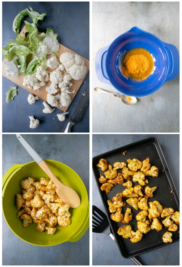 Step by step tutorial for how to make turmeric roasted cauliflower