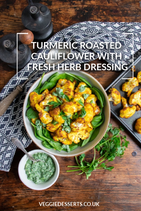This vibrant turmeric roasted cauliflower is delicious hot or cold, as a salad, main meal or side dish. It only takes 20 minutes and roasting the cauliflower makes it deliciously soft but crispy.&nbsp; #roastedcauliflower #turmeric #turmericcauliflower #vegan