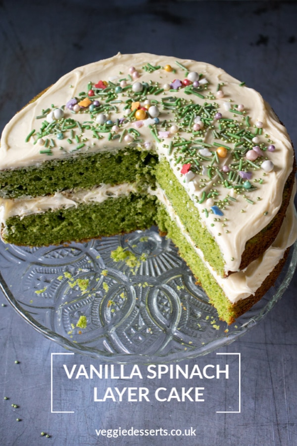 This Vanilla Spinach Cake is bright green, but the flavour of the spinach fades away so it just tastes like a vanilla cake - but it has an incredible colour! It's a fun hidden vegetable cake, that's delicious and slightly healthier. Perfect as a birthday cake or for any occasion.