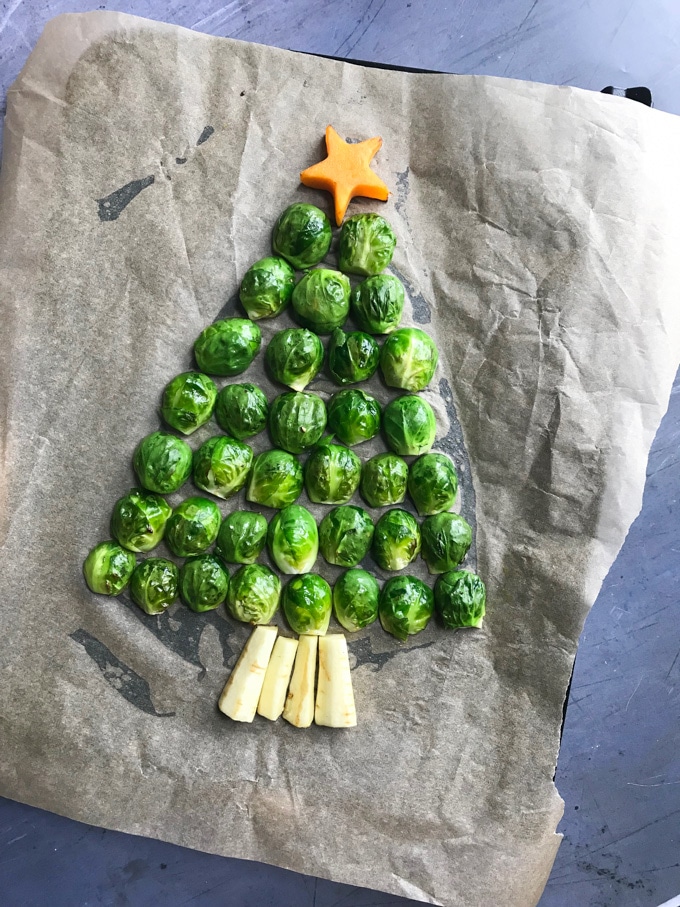 Sprouts arranged into a tree shape ready to roast.