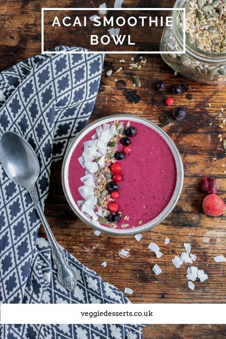 This tasty and vibrant acai smoothie bowl is a delicious vegan breakfast. It only takes a minute or so to whiz the freeze dried acai berry powder with a few simple ingredients. Berries, banana and oats bring extra goodness and make this smoothie bowl filling and delicious.&nbsp;#veggiedesserts #smoothiebowl #acaipowder