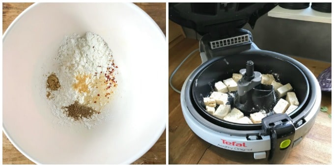 Bowl of seasoned flour and an air fryer.