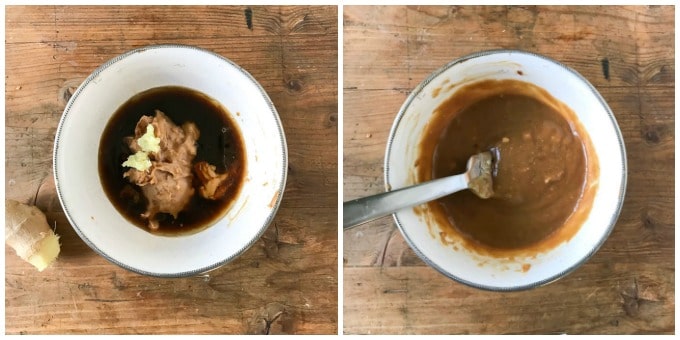 bowl of peanut sauce ingredients, and bowl of peanut sauce.