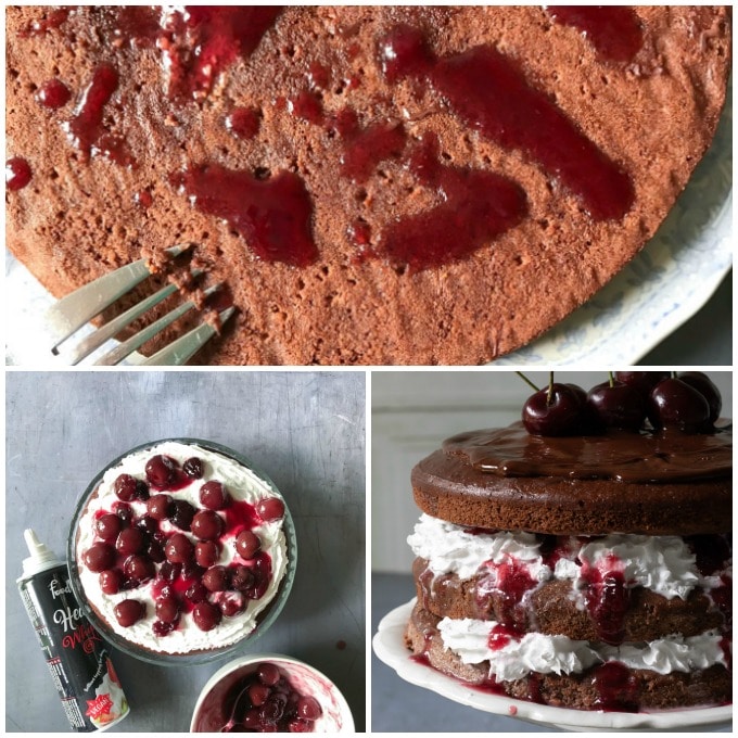 Collage: 1 sauce on cake, 2 with cream and cherries, 3 finished cake.