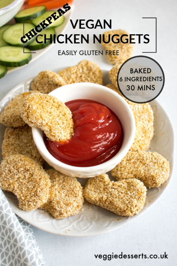 These tasty vegan chicken nuggets (baked chickpea nuggets) are super easy to make with just 6 ingredients in 30 minutes. The whole family will love this recipe! Soy free, oil free, dairy free, nut free and easily gluten free.&nbsp; #vegannuggets #chickpeanuggets #veganchickennuggets