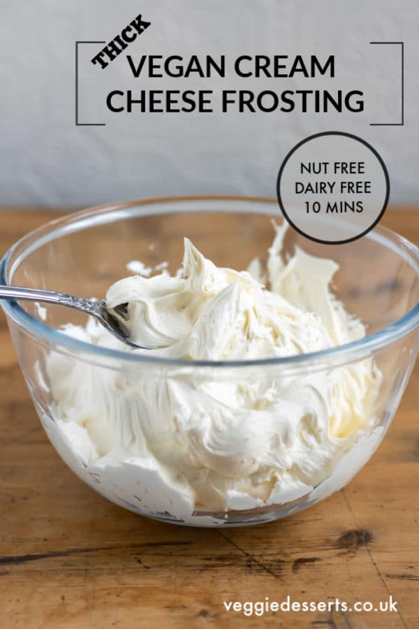 This thick, fluffy and tangy Vegan Cream Cheese Frosting is AMAZING! It's dairy free, nut-free, tofu-free easy to make in minutes and tastes delicious. Perfect on cupcakes, cake, cookies and more!&nbsp;#vegancreamcheesefrosting #veganfrosting #veganicing #dairyfreecreamcheesefrosting #dairyfreefrosting