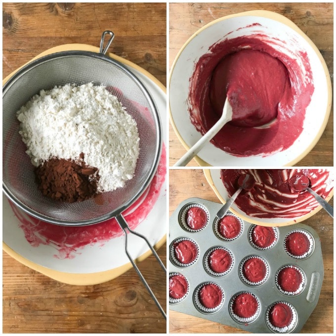 Collage: 1 dry ingredients sifted in, 2 batter mixed, 3 in cupcake pan.