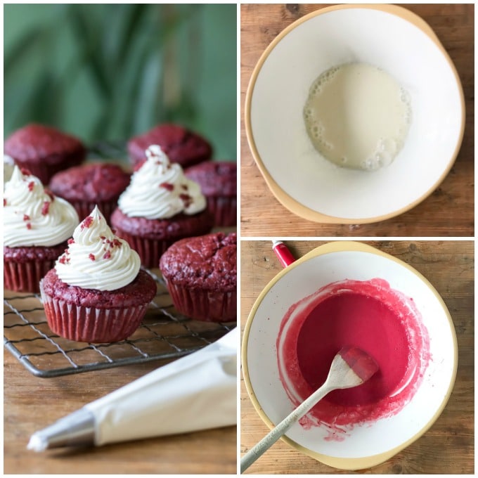 Collage: 1 cupcakes, 2 batter in a mixing bowl, 3 color added.
