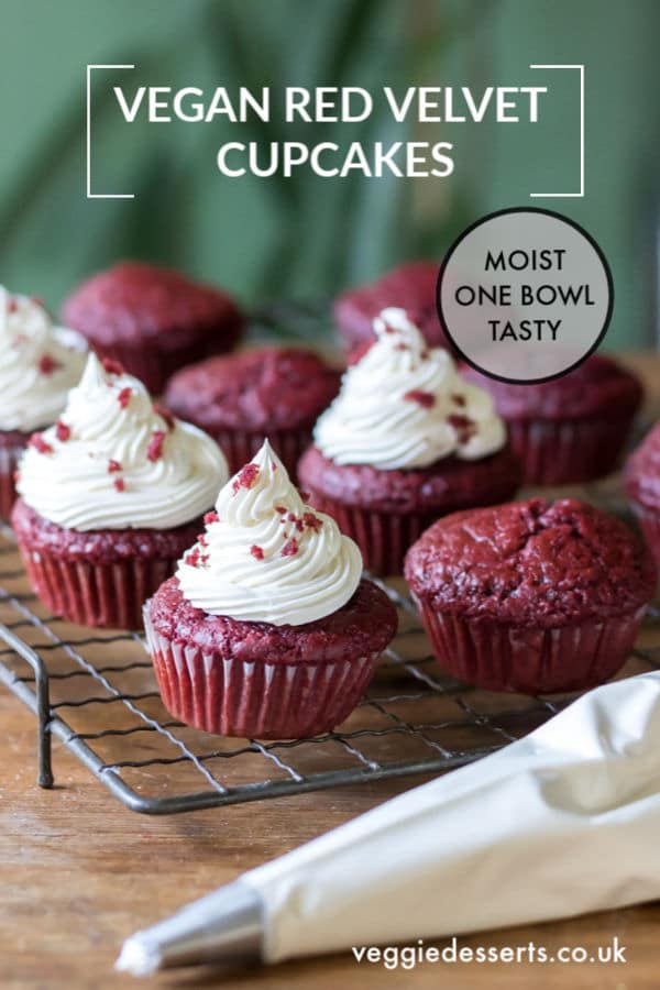 This one-bowl vegan Red Velvet Cupcakes with Cream Cheese Frosting recipe makes cakes that are so moist, fluffy and delicious that nobody would ever guess that they're vegan. They're also super quick and easy. #vegancupcakes #veganredvelvet #veganredvelvetcupcakes #veganredvelvetcake #redvelvet #veggiedesserts