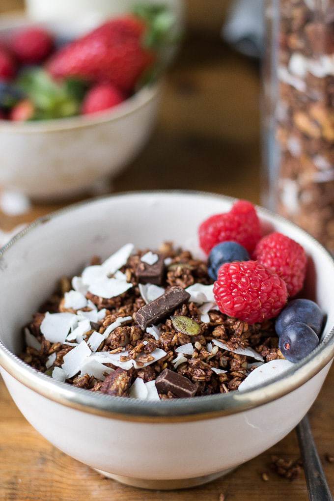 Close up of a bowl of homemade granola with chocolate, coconut and topped with berries.