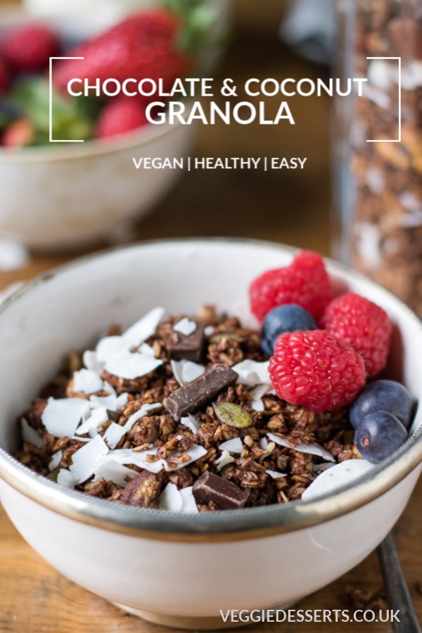 Pinnable image for chocolate and coconut homemade granola recipe.