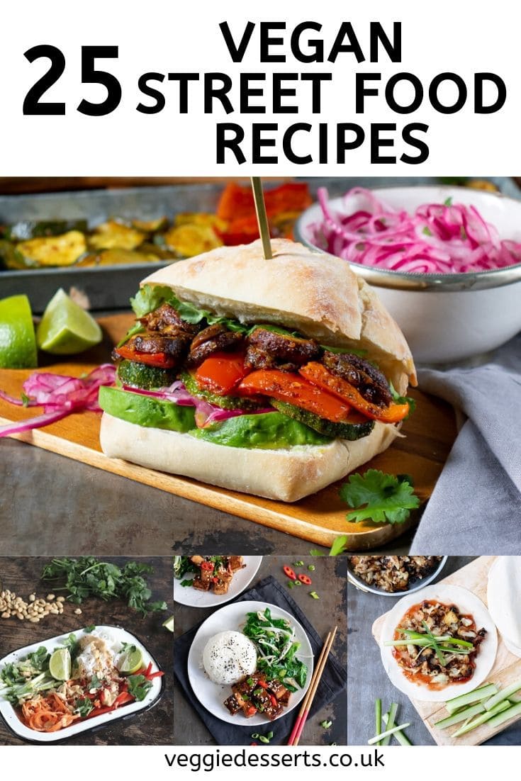 pinnable image for roundup of 25 vegan street food recipes
