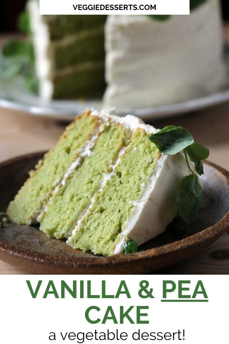 A slice of vanilla pea cake with lemon frosting, with text overlay on image.