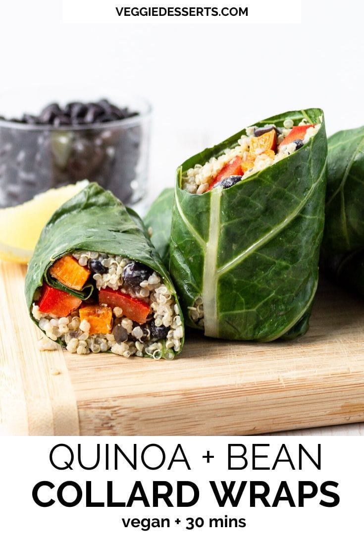 collard wraps on a board with text overlay of recipe title