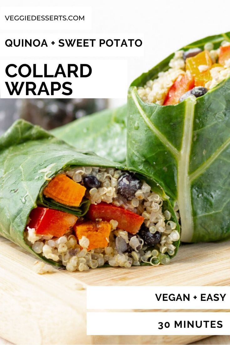 collard wraps on a board with text overlay of recipe title