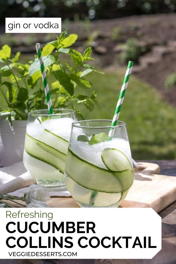 Glass of cucumber collins cocktail with text overlay