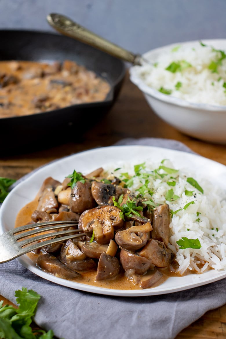 Plate of mushroom stroganoff with rice