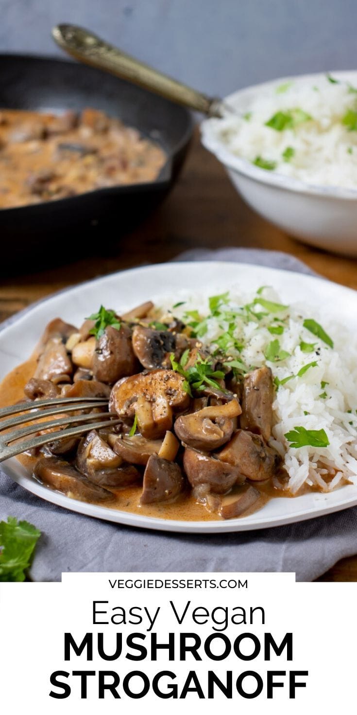 Plate of mushroom stroganoff with text overlay