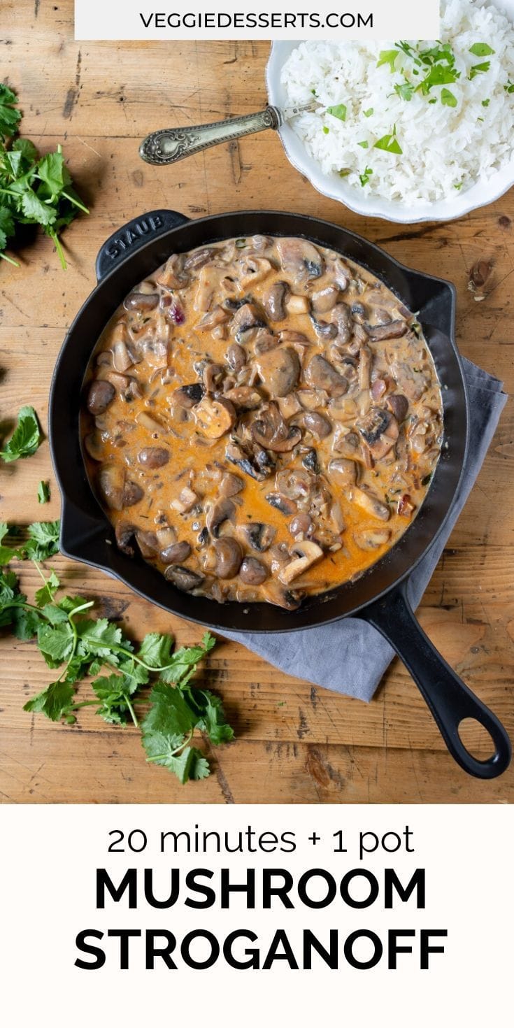 Pan of mushroom stroganoff with text overlay.