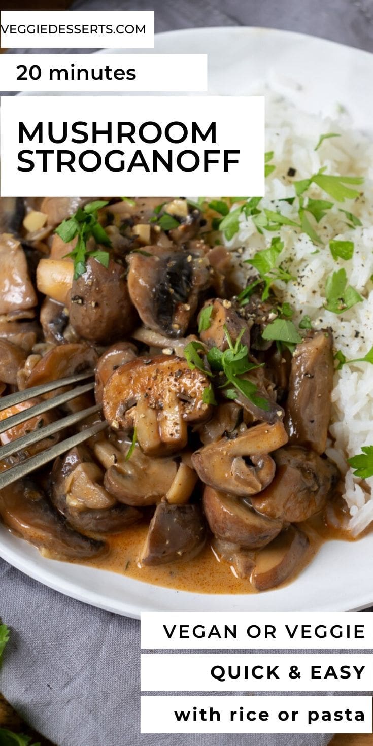 Plate of mushroom stroganoff with text overlay