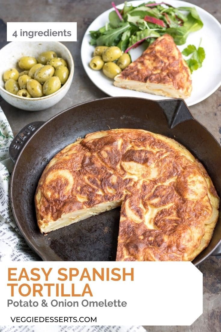 Skillet of tortilla, with text overlay.