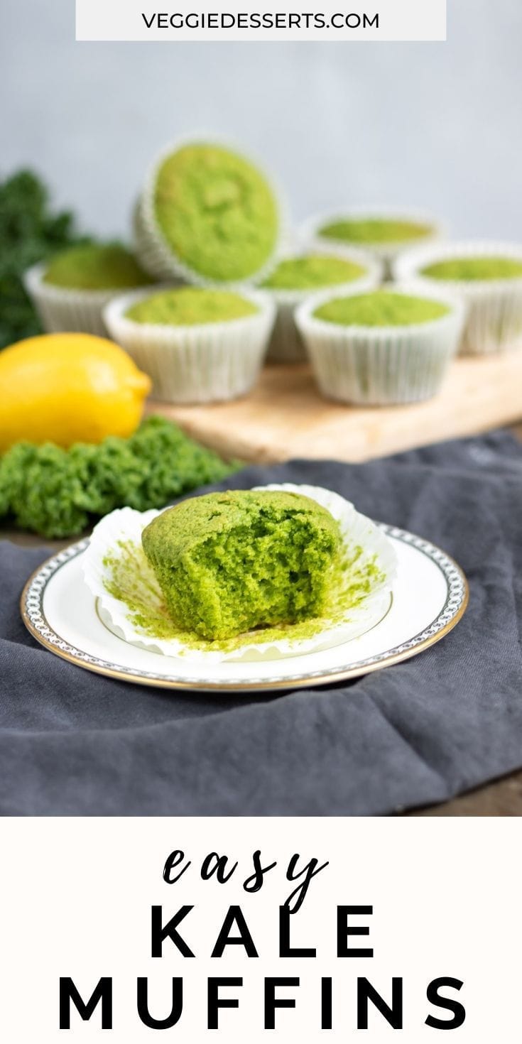 Muffin with a bite out and text: Easy Kale Muffins