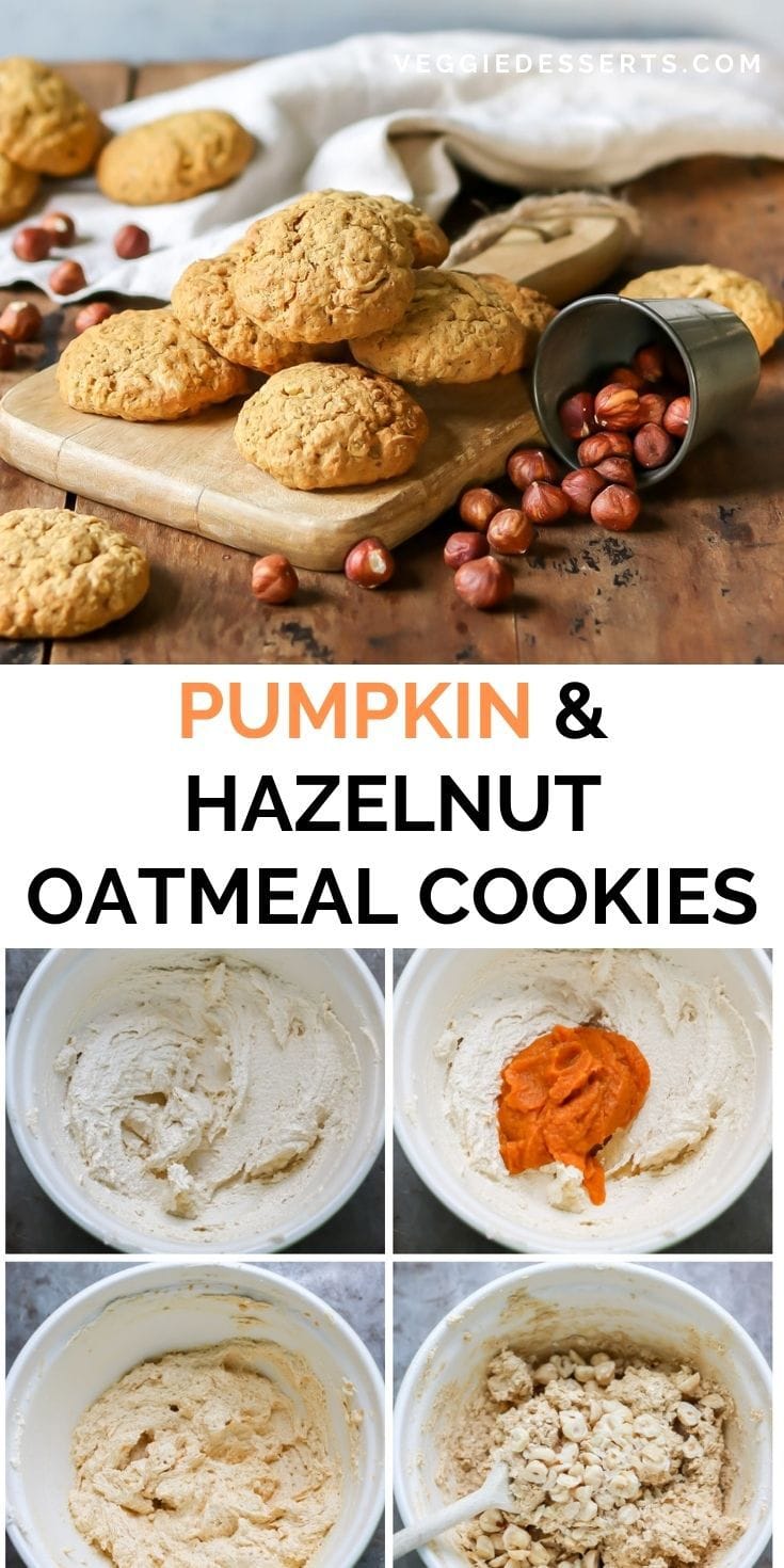 Pile of cookies, collage of how to make them and text: Pumpkin and Hazelnut Oatmeal Cookies.